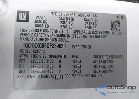 2012 Chevrolet Silverado 2500Hd Lt z USA, uszkodzony, nr VIN 1GC1KXC86CF239630